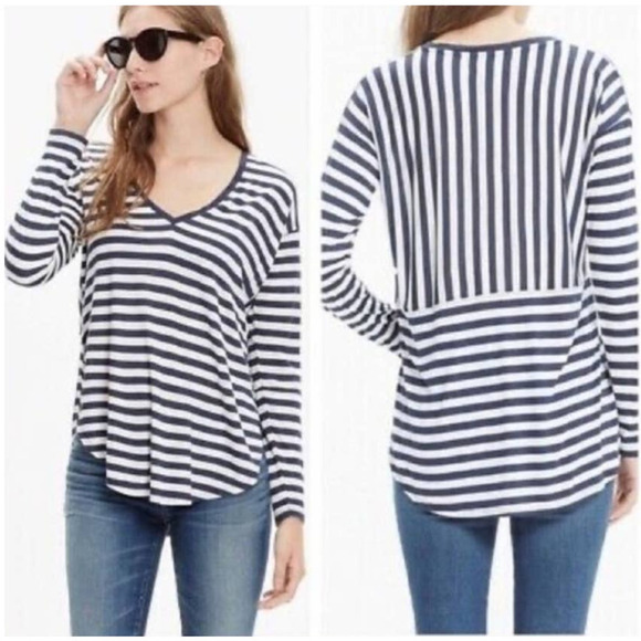 Madewell Anthem Long Sleeve V-Neck Tee Striped Blue White Size XS - Picture 9 of 9